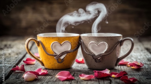 Steaming heart-shaped coffee cups rustic wooden table romantic still life cozy atmosphere close-up love concept
