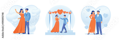 Romantic couple posing against heart-shaped background illustrations in blue tones.