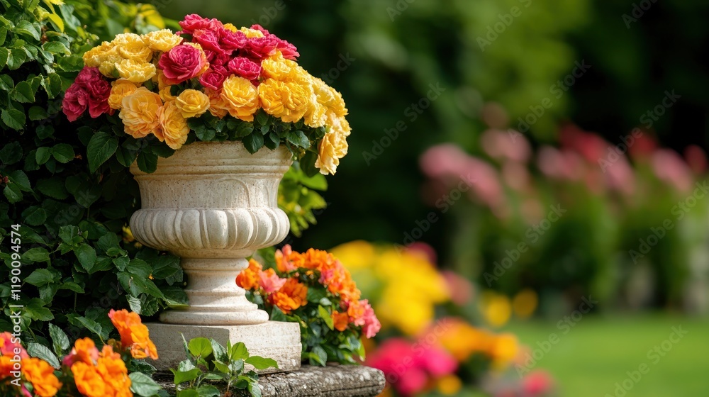 Vibrant Flower Pot with Colorful Blooms in a Garden Setting Vibrant Flower Pot with Colorful Blooms in a Garden Setting