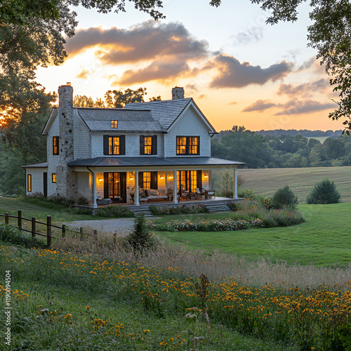 A serene countryside farmhouse with a large barn and open fields photo