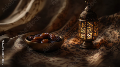 Traditional lantern with glowing light and bowl of dates on patterned fabric for Ramadan celebration photo