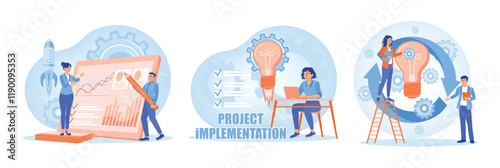 Team collaborating on project implementation process with charts and ideas development.