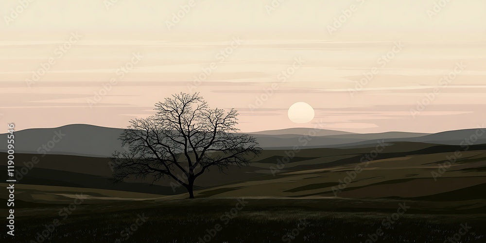 Fototapeta premium Lonely tree sunset hills landscape, peaceful nature scene