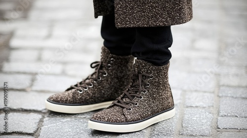 Stylish Tweed High-Top Sneakers on Cobblestone Street photo