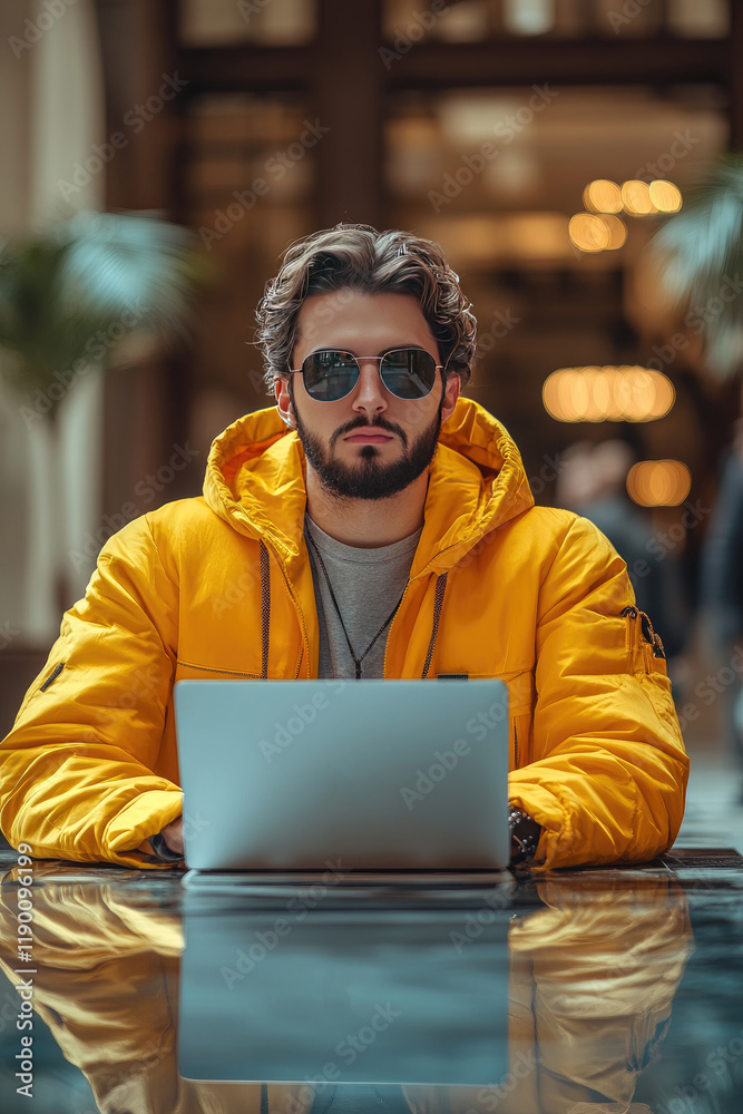 Confident Man in Yellow Jacket Working on Laptop in Modern Setting Confident Man in Yellow Jacket Working on Laptop in Modern Setting