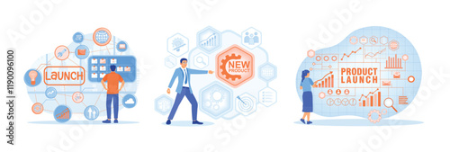 Illustration depicting business concepts for product launch and marketing strategies.