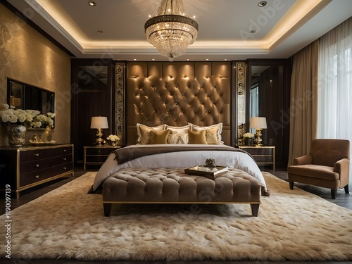 A golden theme bedroom with brown bed, golden pillow, chandelier, and lamp exclusive design bedroom