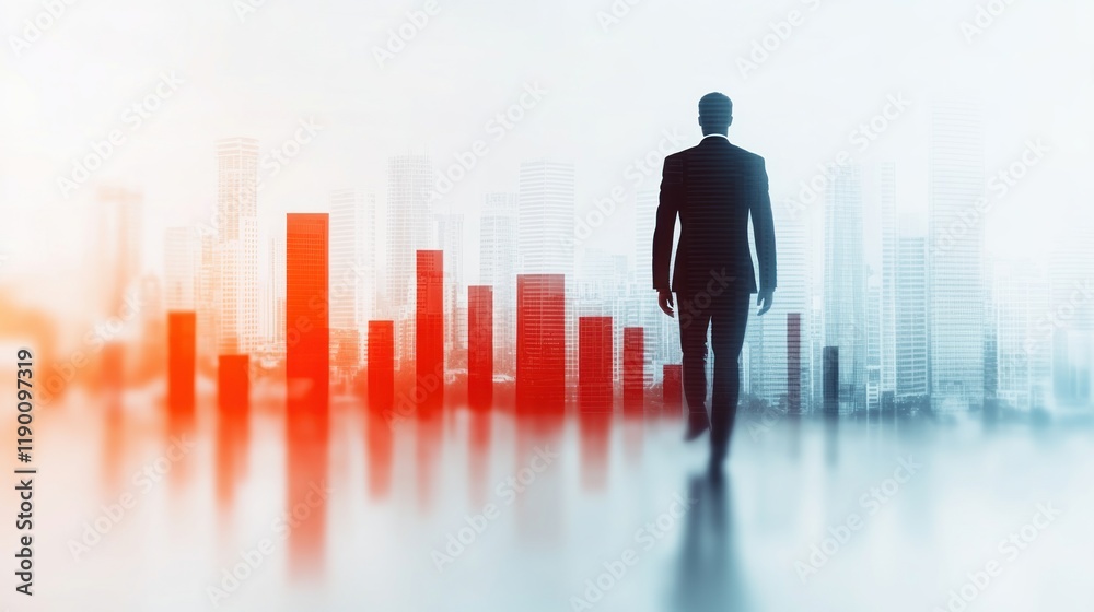 Businessman Walking Towards City Skyline with Financial Graphs Businessman Walking Towards City Skyline with Financial Graphs
