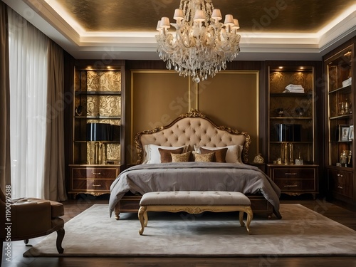 A bedroom design with golden bed, chandelier, and golden wallpaper