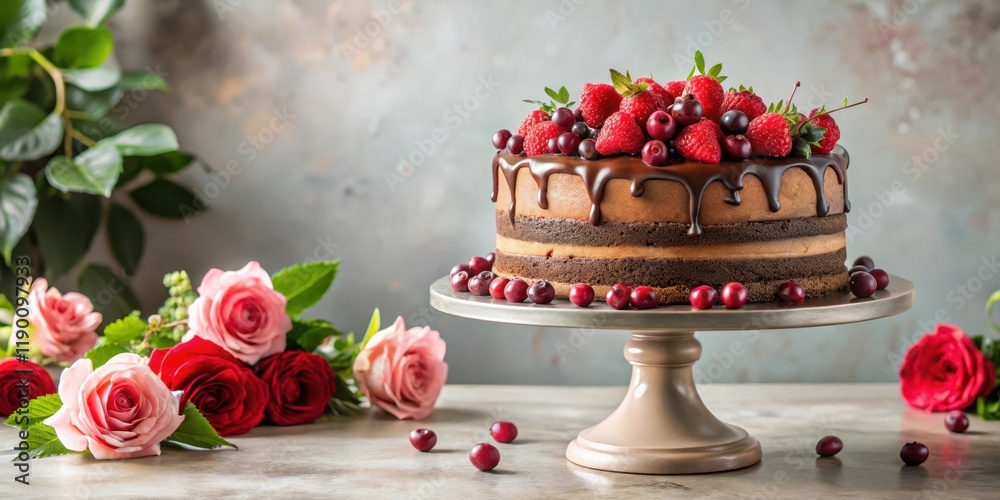 Delicious chocolate cake on a pedestal surrounded by roses and red berries in a romantic setting, pastel colors, elegant wedding cake Delicious chocolate cake on a pedestal surrounded by roses and red berries in a romantic setting, pastel colors, elegant wedding cake