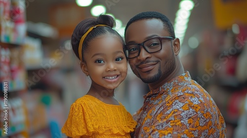 happy parents with small daughter shopping in supermarke photo