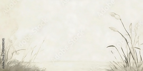 Calm lake, tranquil grasses, misty morning; serene nature background