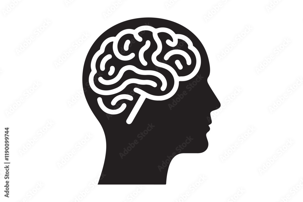 Obraz premium Human head profile with brain symbol, black icon vector illustration