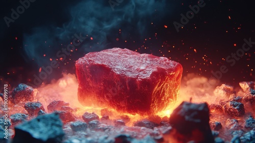 Glowing Red Lava Rock Among Hot Ember Bed