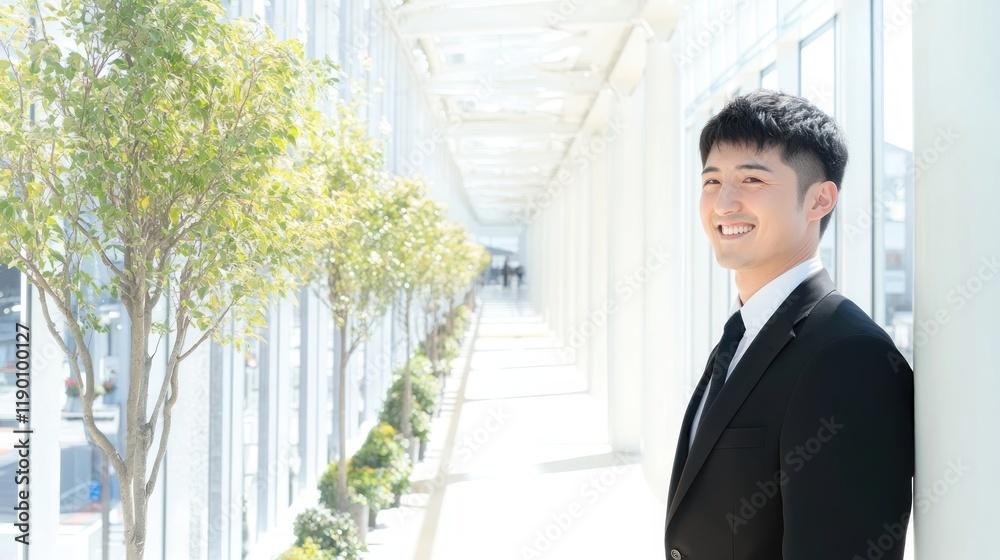 Confident Businessman Standing in Bright Modern Office Corridor Confident Businessman Standing in Bright Modern Office Corridor