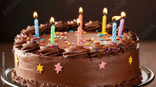 Delicious Chocolate Birthday Cake with Colorful Candles photo