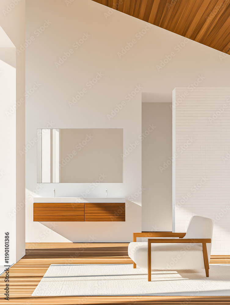 Fototapeta premium Bright and modern bathroom interior design with elegant furnishings and warm wooden accents