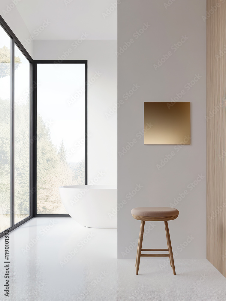 Fototapeta premium Modern bathroom interior featuring large windows and minimalist design elements