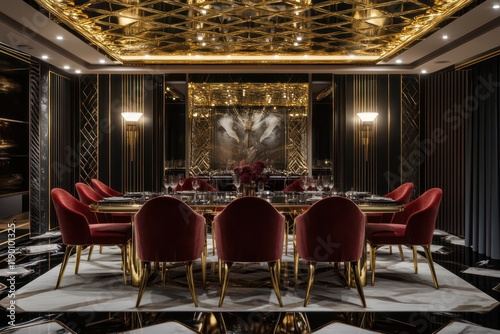 A luxurious dining space with velvet chairs, gold accents, and a reflective ceiling feature photo