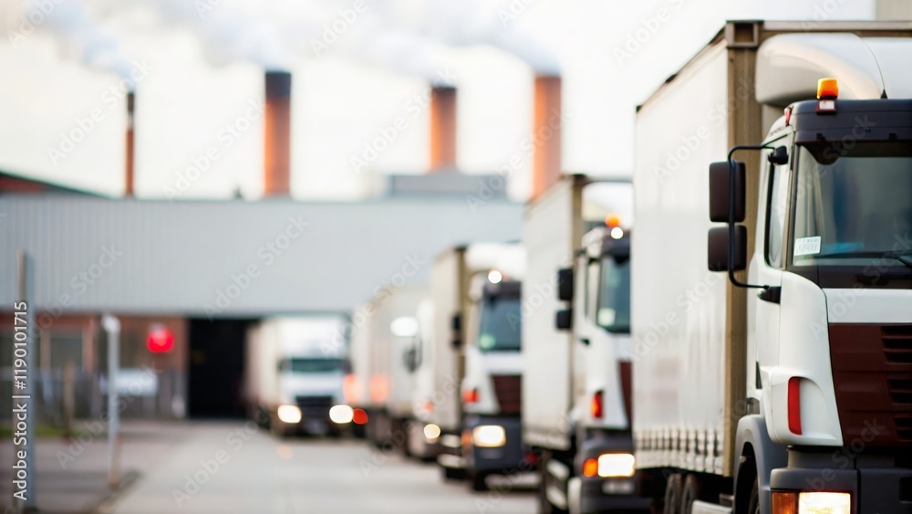Fototapeta premium Industrial Truck Fleet: Soft-focus image of cargo trucks outside a factory.