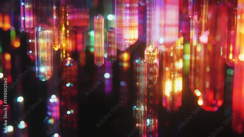 Fototapeta premium Abstract view of decorative lights reflecting on glass, creating colorful patterns against a black background