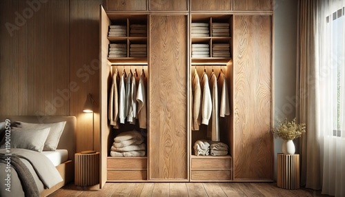 A luxury light brown wooden wardrobes, opened door, with hanging clothes photo