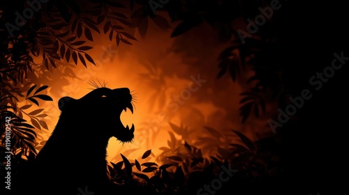 Silhouette of a Roaring Big Cat Against an Orange Background