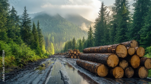 in the distance a forest with stacked logs and recently cut fir and spruce in the pacific northwes photo