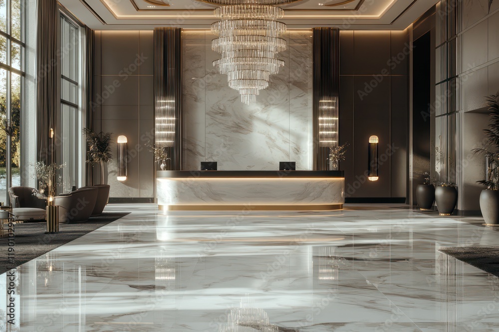 Fototapeta premium A luxurious hotel lobby with a grand chandelier, marble flooring, and a sleek reception desk surrounded by modern decor