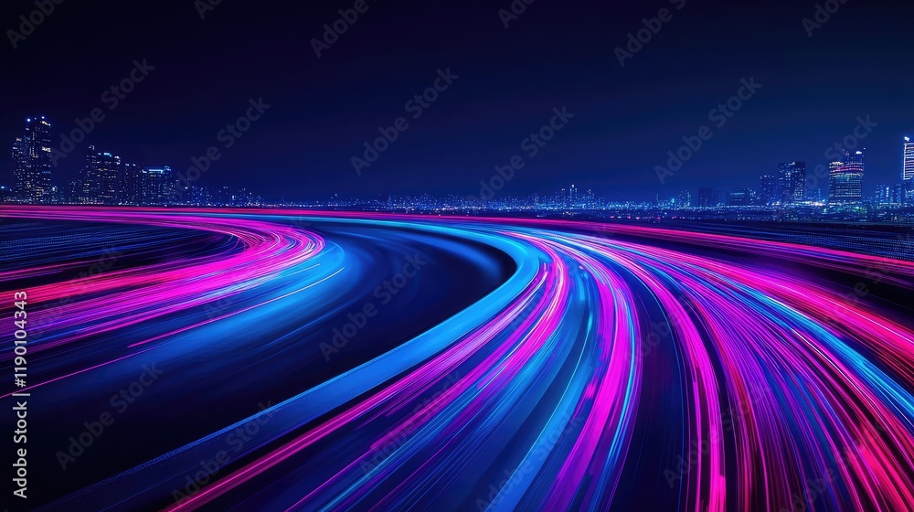 An empty urban street at night with neon lights from nearby buildings reflecting on the road, providing a moody and dynamic copy space