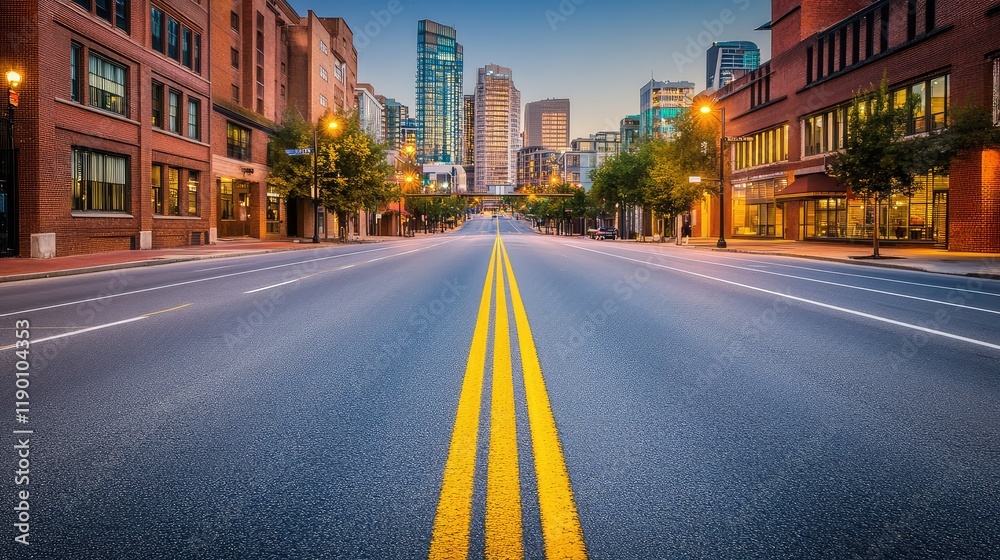 Fototapeta premium An empty urban street at night with neon lights from nearby buildings reflecting on the road, providing a moody and dynamic copy space
