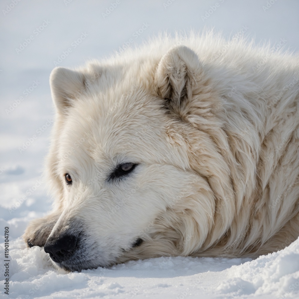 Obraz premium An Arctic dog with fluffy fur, lying down peacefully, white background.