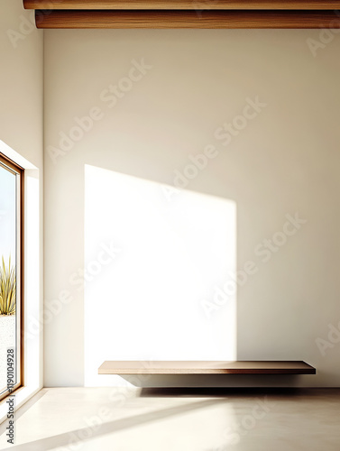 Wallpaper Mural Natural light creates soft shadows in a minimalist interior space with a wooden shelf Torontodigital.ca