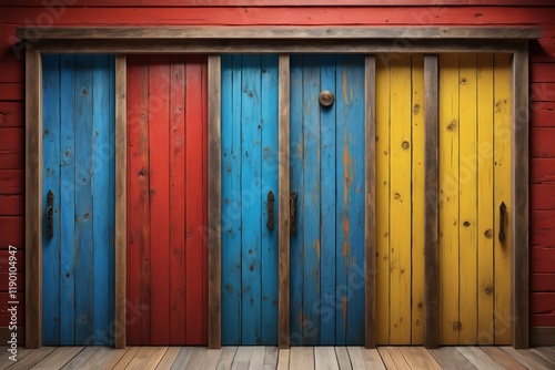 An old three colorful wooden doors with vintage details on a wooden wall photo