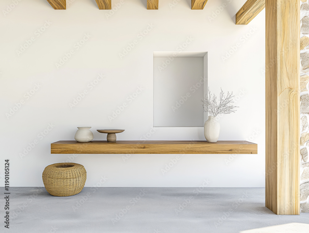 Fototapeta premium Stylish wooden shelf display in a modern minimalist interior setting with natural light