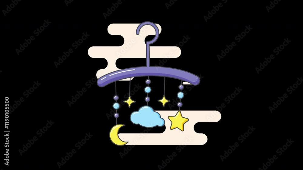 A colorful baby mobile featuring stars, clouds, and a moon on a dark background. A colorful baby mobile featuring stars, clouds, and a moon on a dark background.