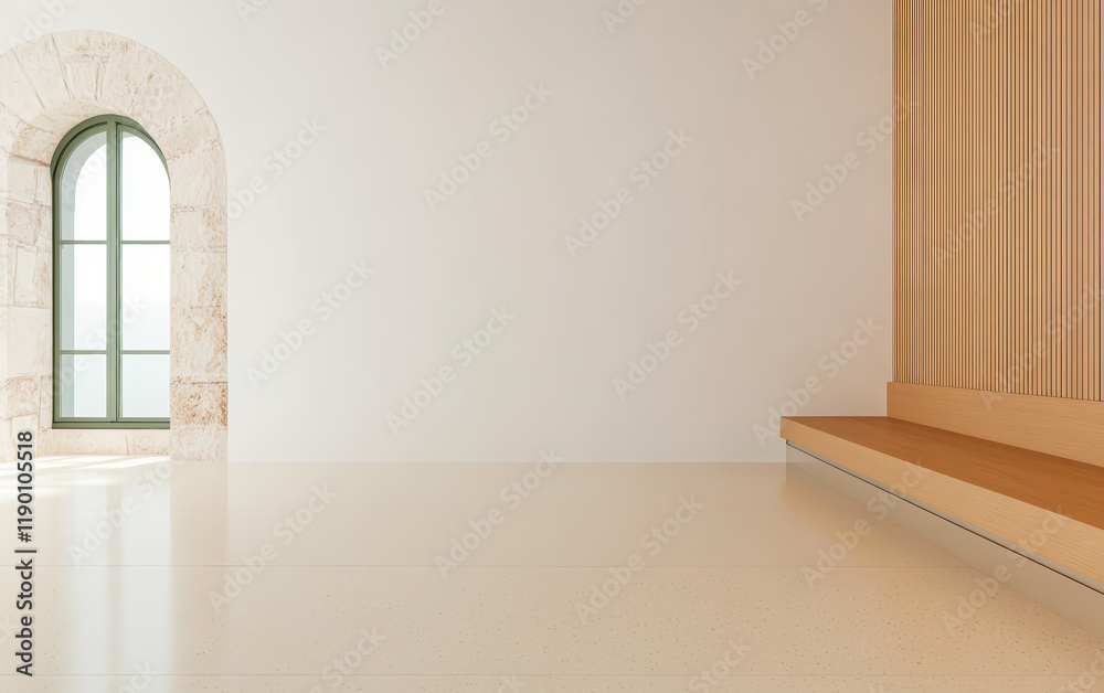 Fototapeta premium Minimalist interior design featuring wooden accents and a large window for natural light