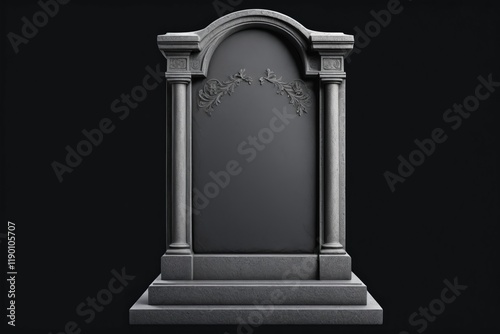 Antique gravestone with dark background, showcasing a classical architectural style photo