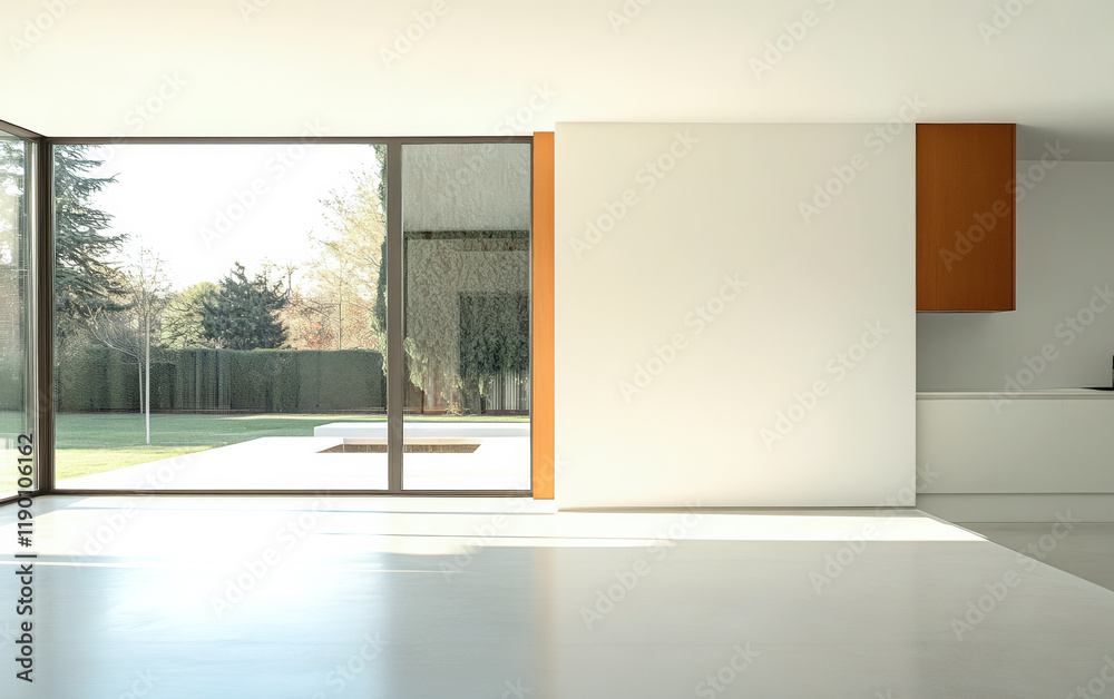 Obraz premium Modern living space with large windows and minimalist design overlooking a garden