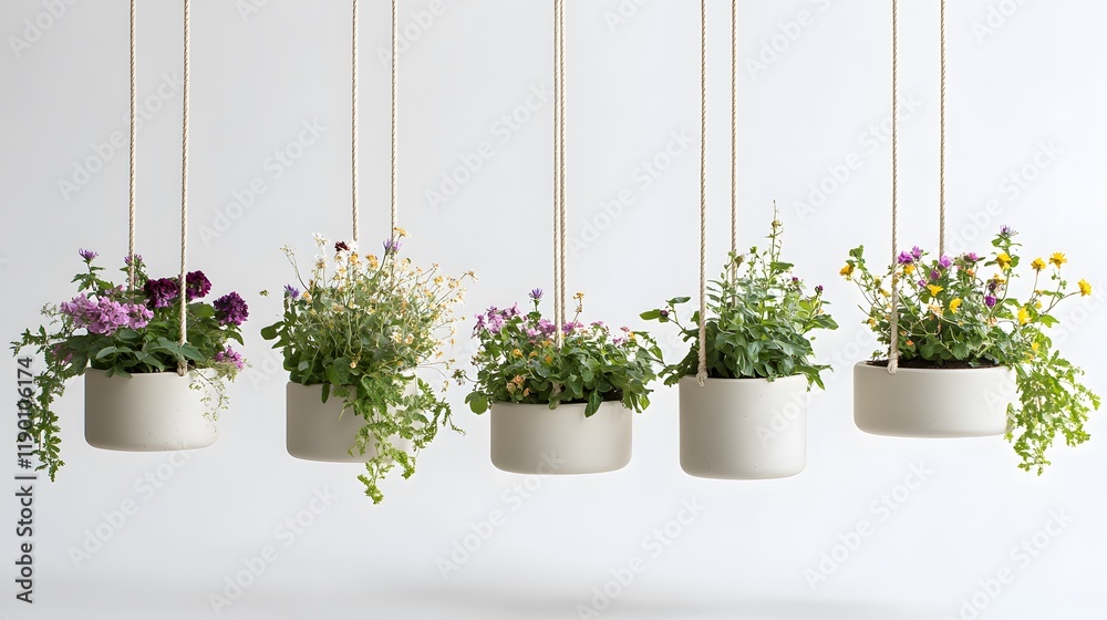Fototapeta premium Whimsical Setup of Circular Pots Filled with Colorful Blooms, Perfect for Adding a Cheerful Touch to Any Indoor or Outdoor Space