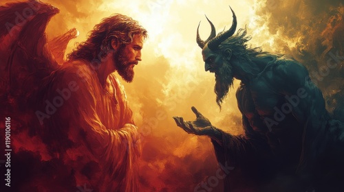 jesus christ tempted by the devil colorful illustration
