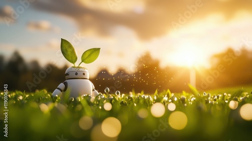 Robot planting seeds in lush green field at sunrise nature scene futuristic technology serene environment close-up view