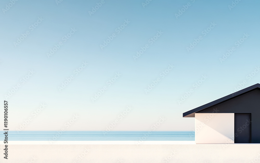 Fototapeta premium Modern house overlooking calm ocean under clear sky at dawn