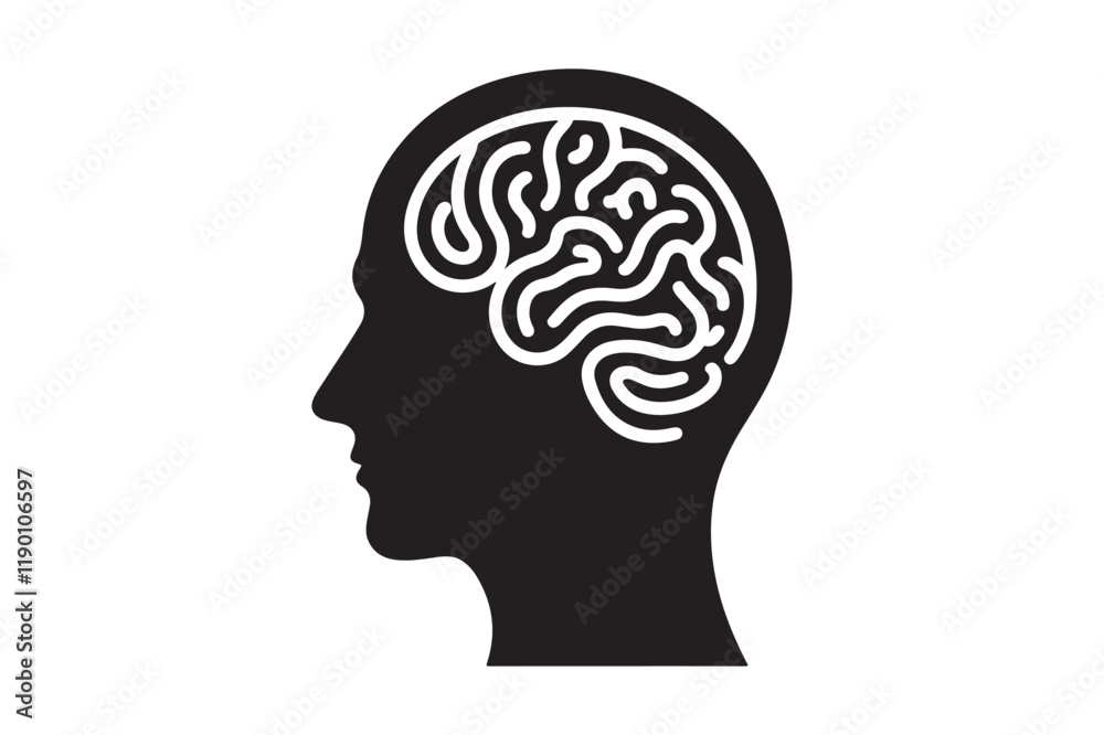 Human head profile with brain symbol, black icon vector illustration Human head profile with brain symbol, black icon vector illustration