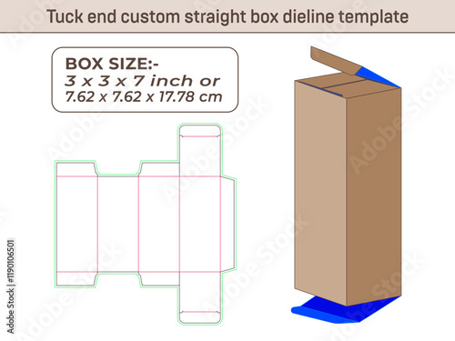 Tuck end custom straight box dieline template 3x 3x 7 Inch