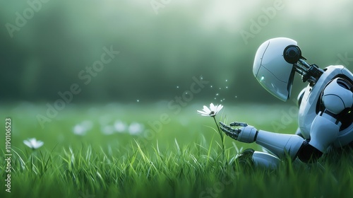 Robot replanting flower in lush green field nature scene tranquil environment close-up viewpoint technological harmony