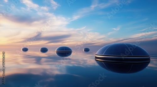 Futuristic ecohomes on serene lake tranquil landscape digital art modern design aerial view sustainable living concept