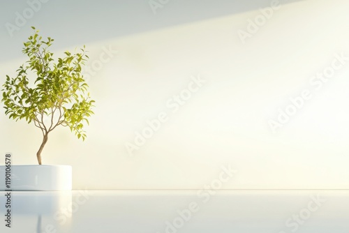 A serene naturetech landscape featuring a prominent plant in minimalist design indoor space calm environment contemporary viewpoint