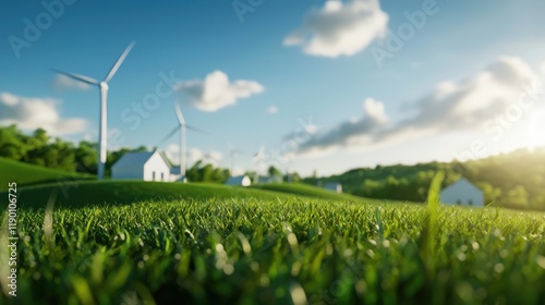Eco-friendly village surrounded by green hills sustainable living natural setting scenic viewpoint renewable energy concept
