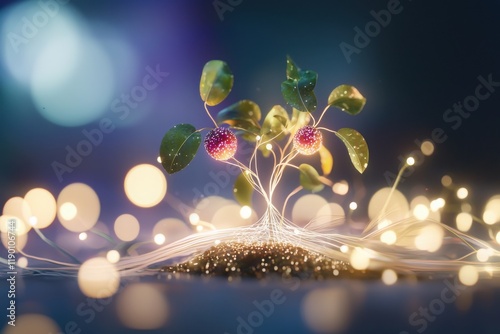 Innovative holographic tree with luminous fruits futuristic garden digital art enchanted environment close-up nature concept
